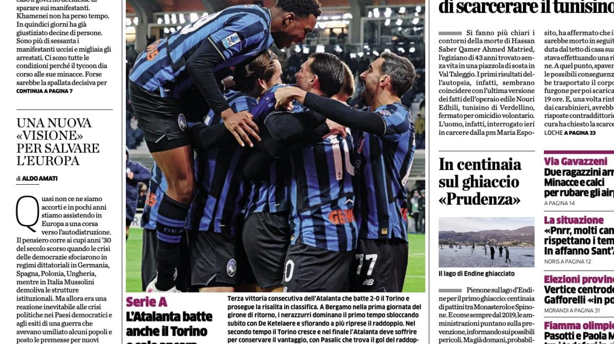 PRIMA PAGINA - L'Eco di Bergamo: "L'Atalanta batte anche il Torino e sale ancora"