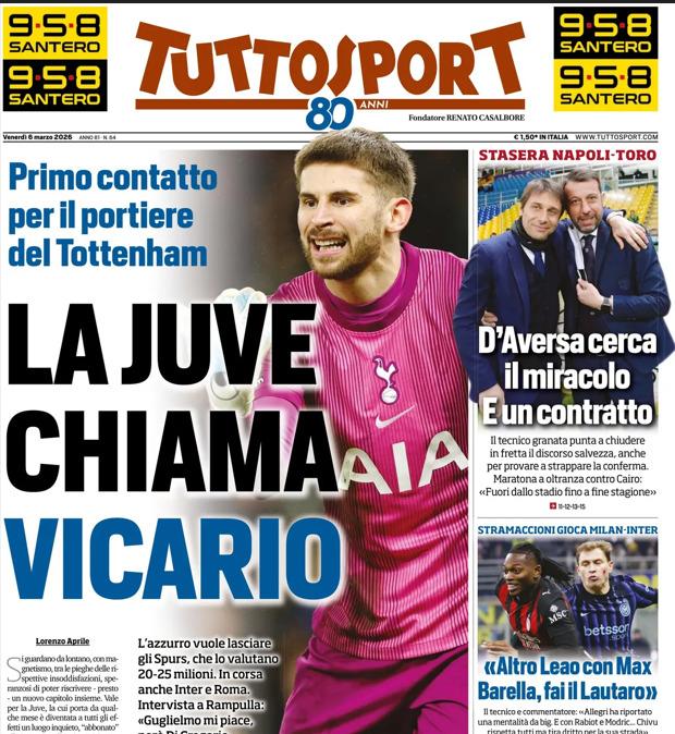 PRIMA PAGINA - TuttoSport: "La Juve chiama Vicario"