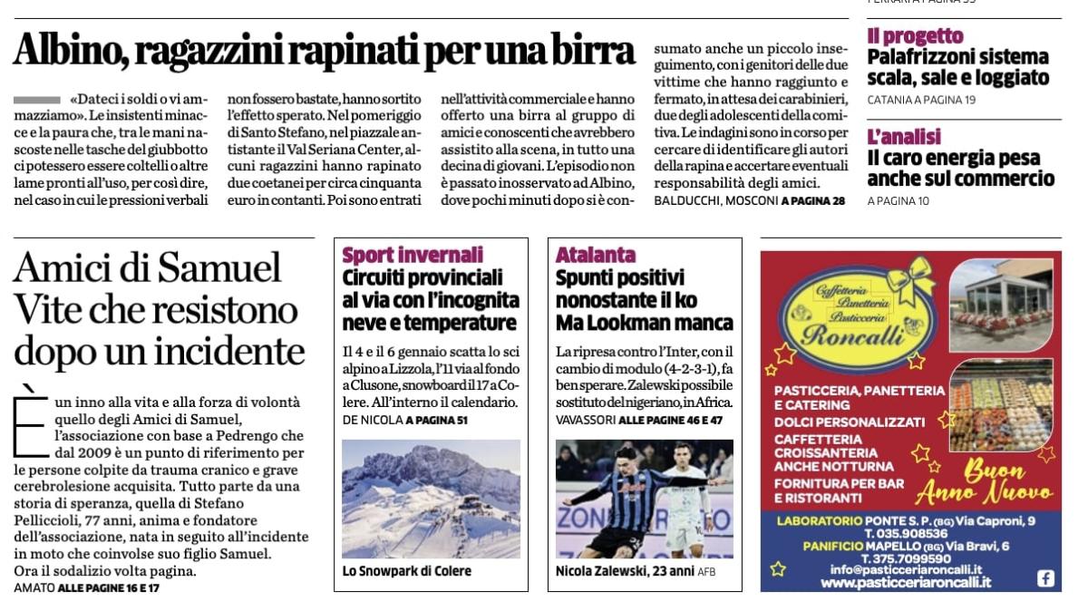 PRIMA PAGINA - L'Eco di Bergamo: "Spunti positivi nonostante il ko. Ma Lookman manca"