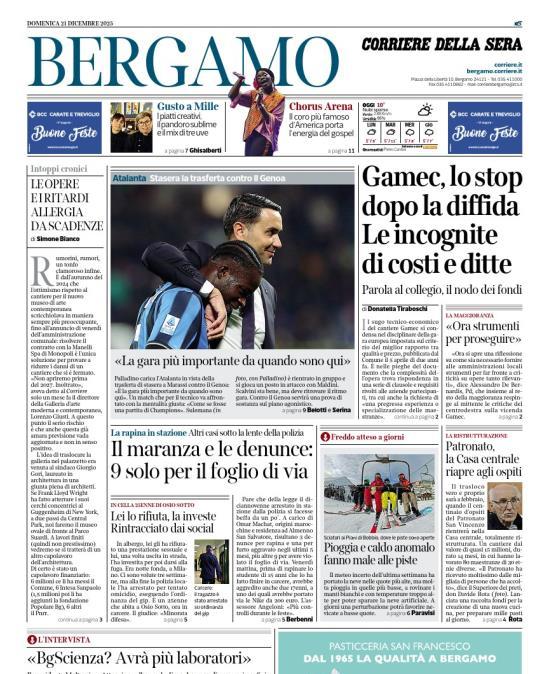 PRIMA PAGINA - Corriere di Bergamo: Palladino: "La gara più importante da quando sono qui"
