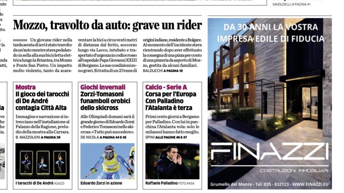 PRIMA PAGINA - L'Eco di Bergamo: "Primi cento giorni a Bergamo per Palladino"