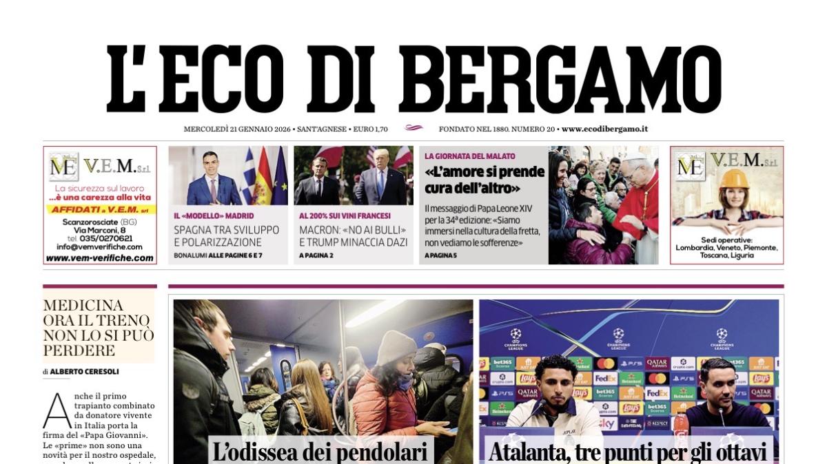 PRIMA PAGINA - L'Eco di Bergamo: “Atalanta, tre punti per gli ottavi”
