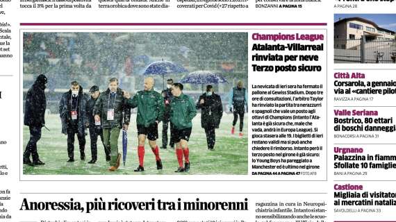 L'Eco di Bergamo: "Atalanta-Villarreal rinviata per neve. Terzo posto sicuro"