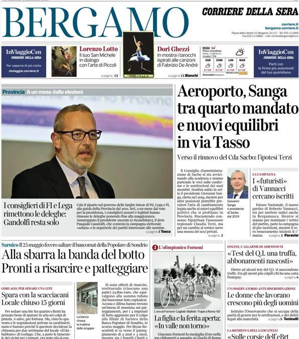PRIMA PAGINA - Corriere di Bergamo: L’Atalanta per l’operazione sorpasso