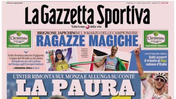 L'Inter rimonta il Monza e allunga sul Napoli. La Gazzetta dello Sport: "La paura fa +4"