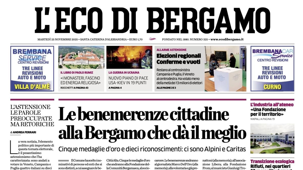 PRIMA PAGINA - L'Eco di Bergamo: "Bergamo premia le sue eccellenze: medaglie a Alpini e Caritas"