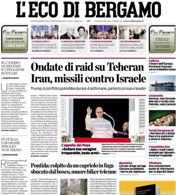 PRIMA PAGINA - L'Eco di Bergamo: Ondate di raid su Teheran. Iran, missili contro Israele