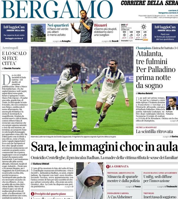 PRIMA PAGINA - Corriere di Bergamo: "Atalanta, tre fulmini. Per Palladino prima notte da sogno"
