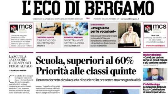 L'apertura de L'Eco di Bergamo: "Scuola, superiori al 60%. Priorità alle classi quinte"