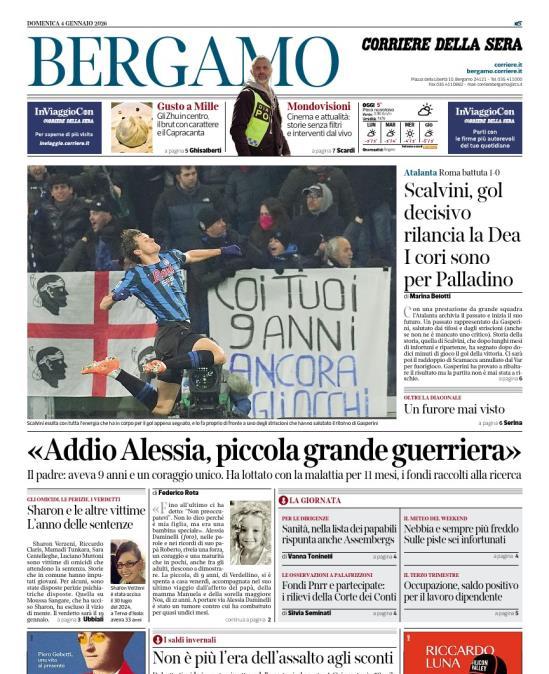 PRIMA PAGINA - Corriere di Bergamo:  "Scalvini, gol decisivo rilancia la Dea I cori sono per Palladino"