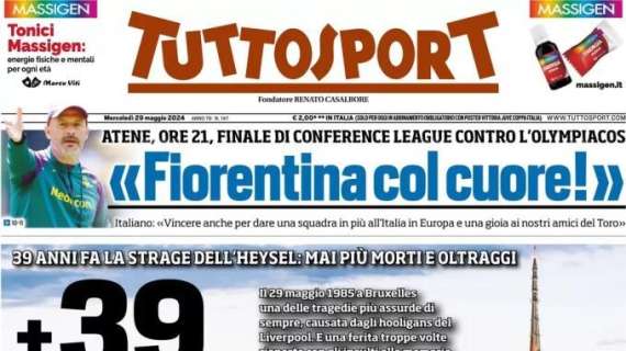 Il ricordo della strage dell'Heysel, Tuttosport in apertura: "+39. Rispetto e amore"