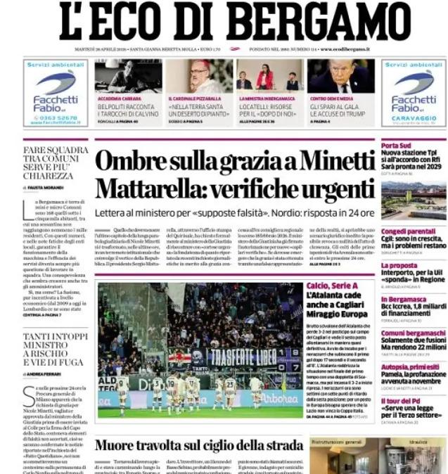 PRIMA PAGINA - L'Eco di Bergamo: "L'Atalanta cade anche a Cagliari. Miraggio Europa"