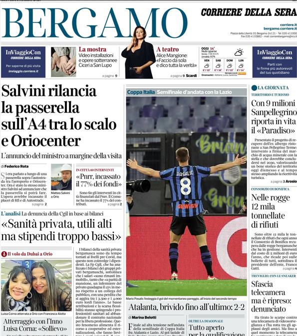 PRIMA PAGINA - Corriere di Bergamo: "Atalanta, brivido fino all’ultimo: 2-2"