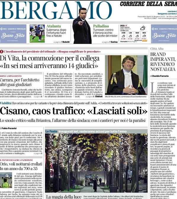 PRIMA PAGINA - Corriere di Bergamo:  Atalanta, Sulemana dopo l'infortunio fuori fino a Natale