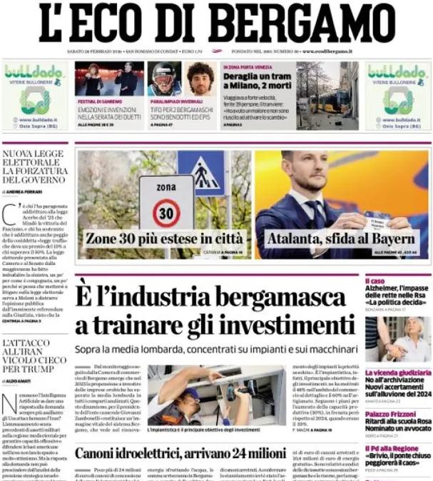 PRIMA PAGINA - L'Eco di Bergamo: "Atalanta, sfida al Bayern"