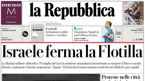 PRIMA PAGINA - la Repubblica: "Israele ferma la Flotilla"