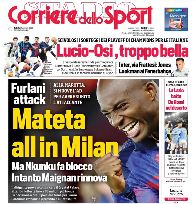 PRIMA PAGINA - Corriere dello Sport: "Mateta all in Milan"