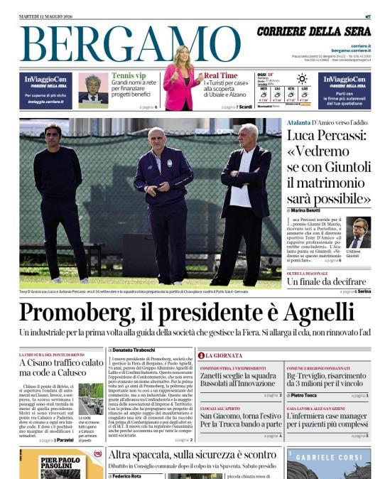PRIMA PAGINA - Corriere di Bergamo: Luca Percassi: «Vedremo se con Giuntoli il matrimonio sarà possibile»