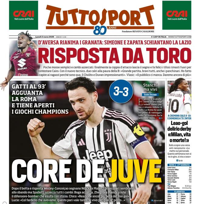 PRIMA PAGINA - TuttoSport: "Core de Juve"