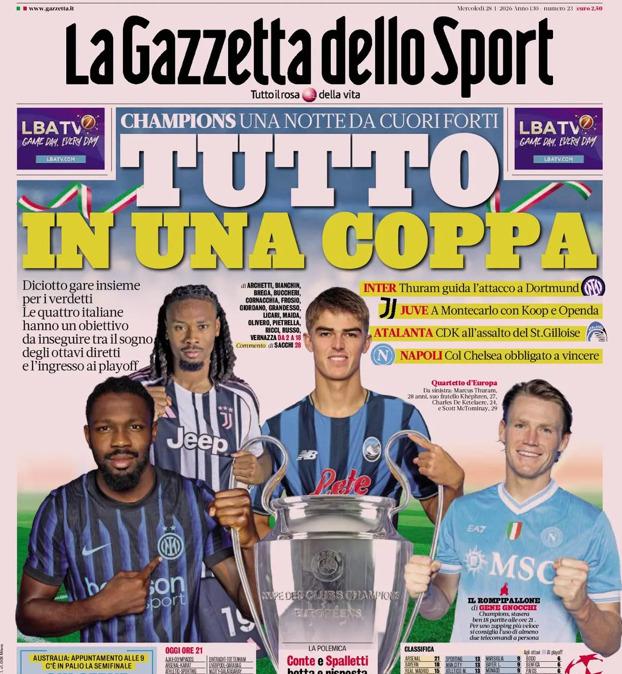 PRIMA PAGINA - Gazzetta dello Sport: "Tutto in una Coppa"