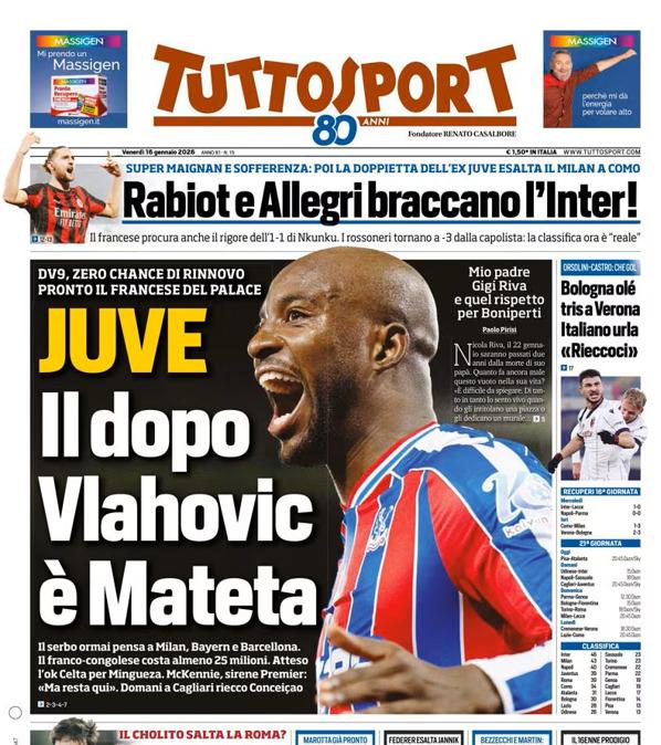 PRIMA PAGINA - TuttoSport: "Juve, il dopo Vlahovic è Mateta"