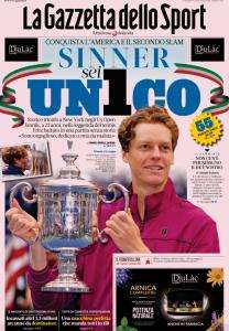 La prima pagina de La Gazzetta dello Sport è tutta dedicata allo US Open di Sinner