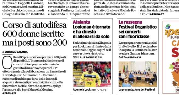 PRIMA PAGINA - L’Eco di Bergamo: "Lookman torna e ha chiesto di allenarsi da solo"
