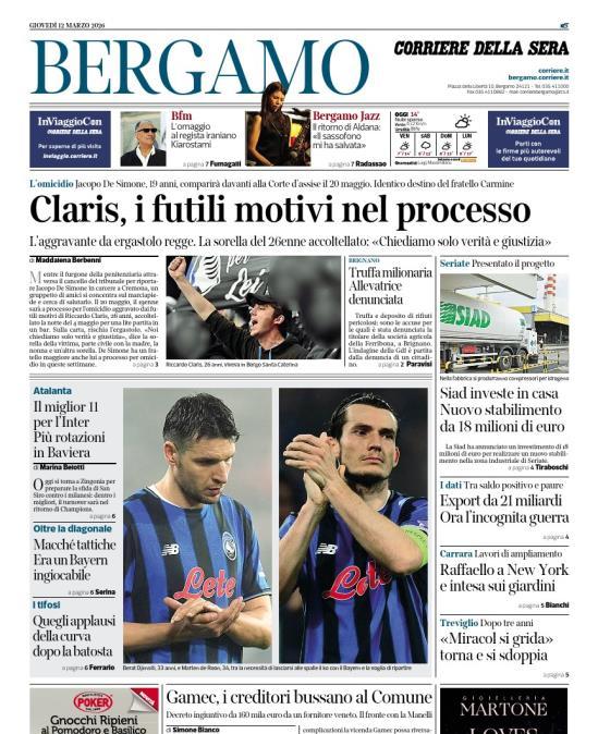 PRIMA PAGINA - Corriere di Bergamo: "Il miglior 11 per l’Inter. Più rotazioni in Baviera"