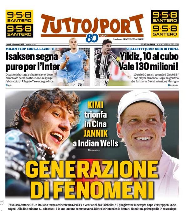 PRIMA PAGINA - TuttoSport: "Generazione di fenomeni"