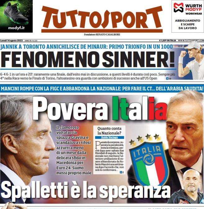 Tuttosport in prima pagina: "Povera Italia, Spalletti è la speranza". Addio a Mancini