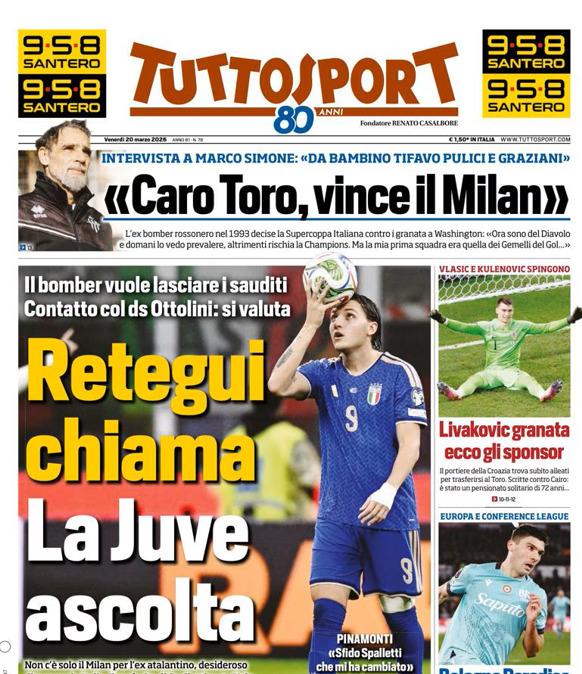 PRIMA PAGINA - TuttoSport: "Retegui chiama. La Juve ascolta"