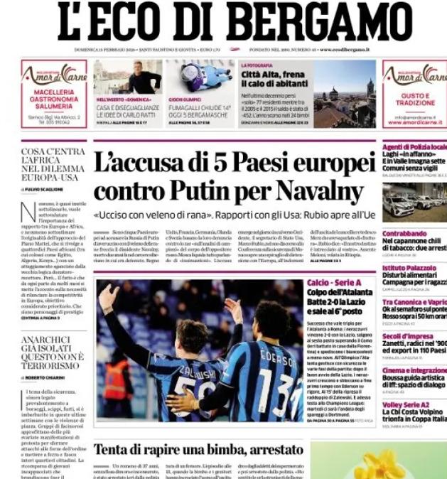 PRIMA PAGINA - L'Eco di Bergamo: "L'Atalanta fa il colpo all'Olimpico"