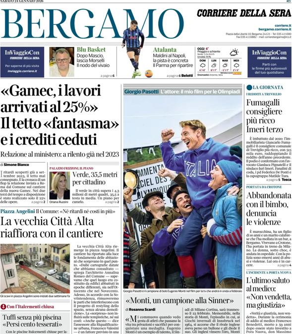 PRIMA PAGINA - Corriere di Bergamo: "Atalanta: Maldini al Napoli, la pista è concreta. Il Parma per ripartire"