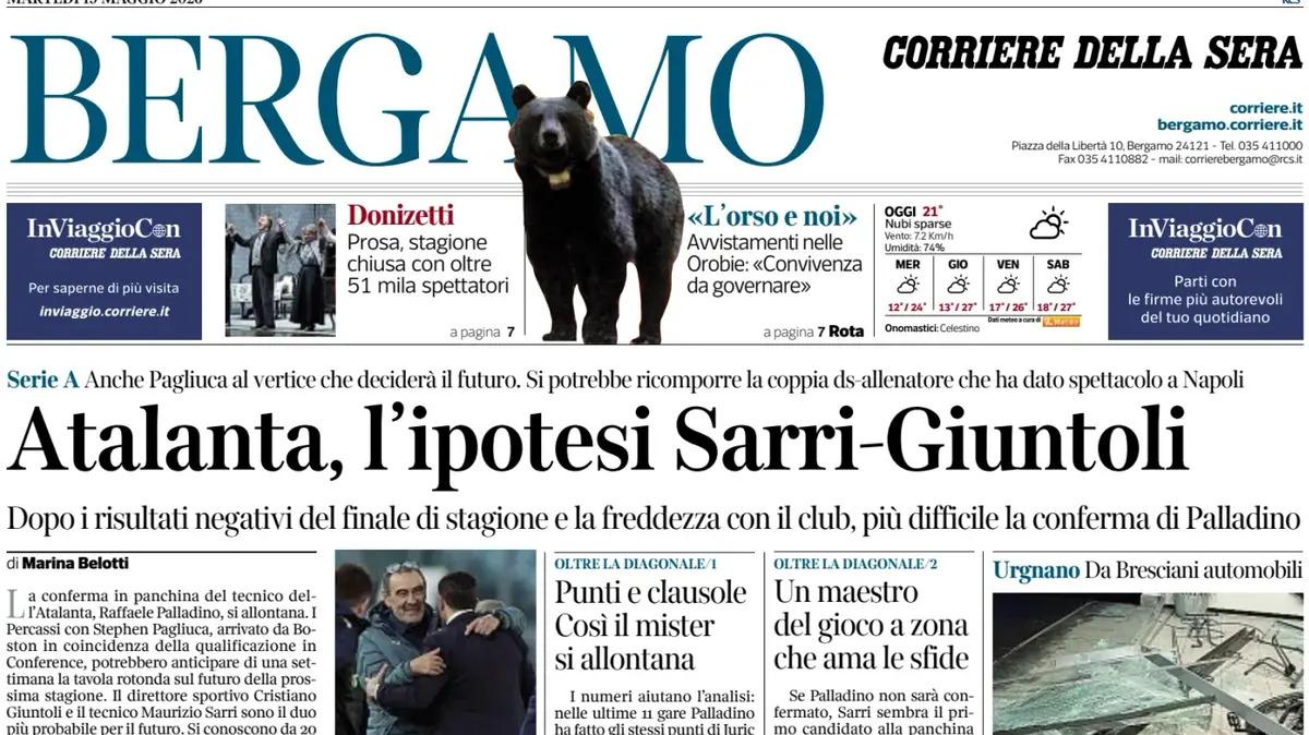 PRIMA PAGINA – Corriere di Bergamo: "Atalanta, l'ipotesi Sarri-Giuntoli"