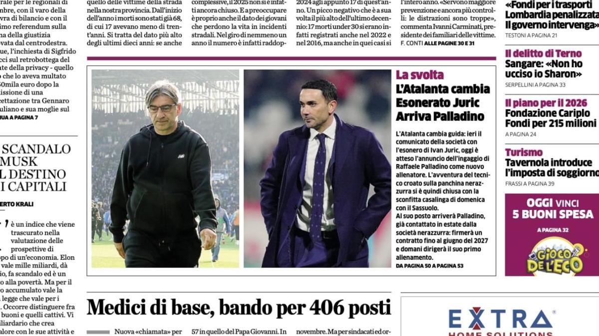 PRIMA PAGINA - L'Eco di Bergamo: "L’Atalanta cambia: esonerato Juric, arriva Palladino"
