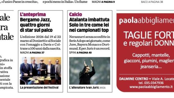 PRIMA PAGINA - L’Eco di Bergamo: "Atalanta imbattuta. Solo in tre come lei dopo otto turni"