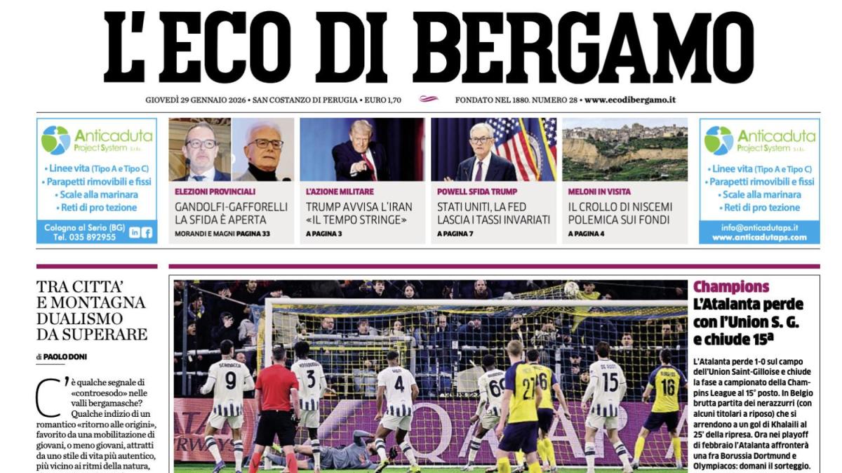 PRIMA PAGINA - L'Eco di Bergamo: "L'Atalanta perde con l'Union S. G. e chiude 15ª"