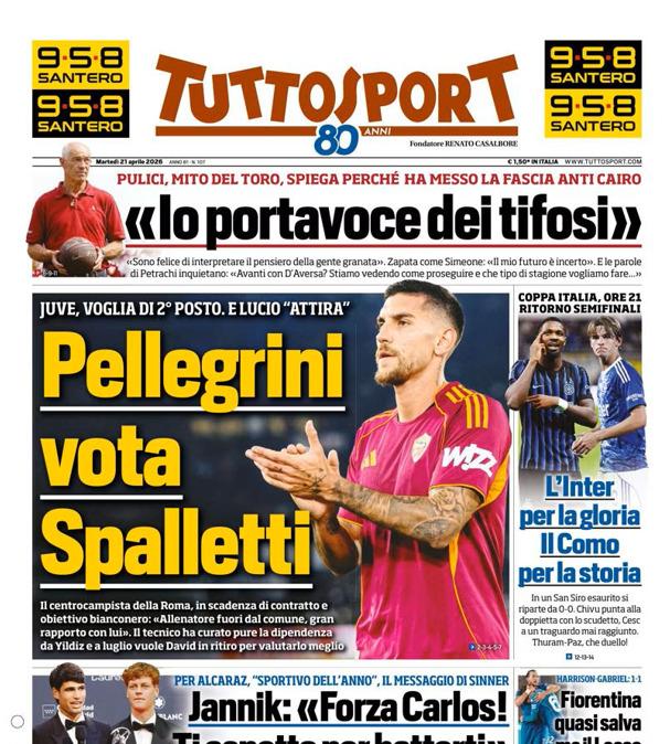 PRIMA PAGINA - TuttoSport: "Pellegrini vota Spalletti"