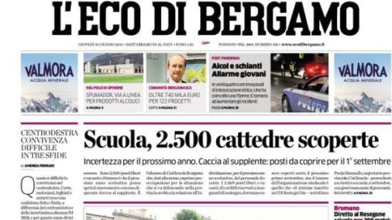 L'apertura de L'Eco di Bergamo: "Scuola, 2.500 cattedre scoperte"
