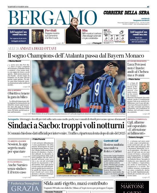 PRIMA PAGINA - Corriere di Bergamo: "Il sogno Champions dell’Atalanta passa dal Bayern Monaco"