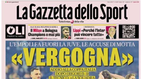 Furia Motta dopo l'eliminazione in Coppa Italia. La Gazzetta dello Sport lo cita: "Vergogna"