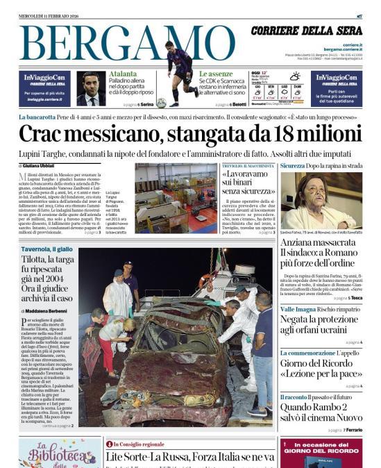 PRIMA PAGINA - Corriere di Bergamo: Atalanta, Palladino allena nel dopo partita e dà il doppio riposo