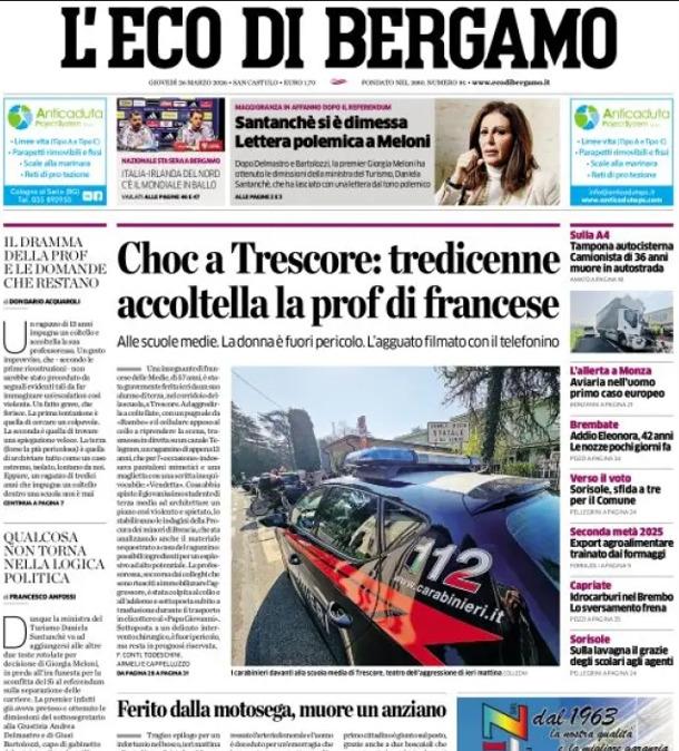 PRIMA PAGINA - L'Eco di Bergamo: "Choc a Trescore: tredicenne accoltella la prof di francese"
