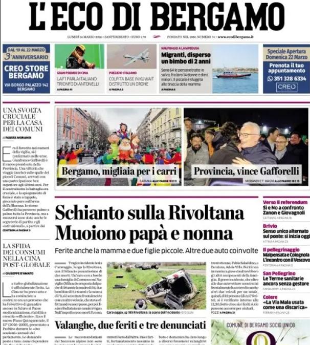 PRIMA PAGINA - L'Eco di Bergamo: "Nuove risorse per l'Atalanta in vista dello sprint"
