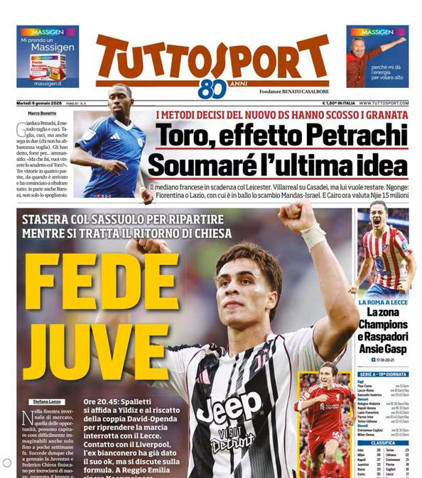 PRIMA PAGINA - TuttoSport: "Fede Juve"