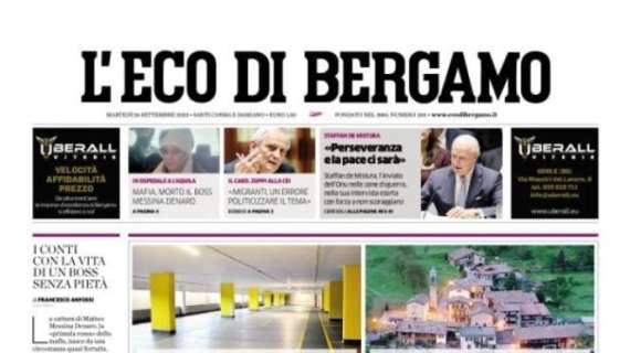 La prima pagina de L'Eco di Bergamo dedicata all'Atalanta: "Numeri confortanti tra attacco e difesa"