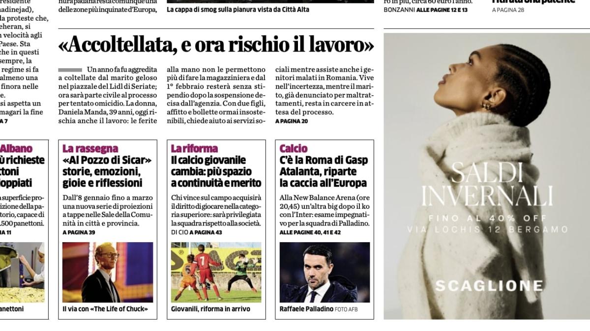 PRIMA PAGINA - L'Eco di Bergamo: "C'è la Roma di Gasp Atalanta, riparte la caccia all'Europa"