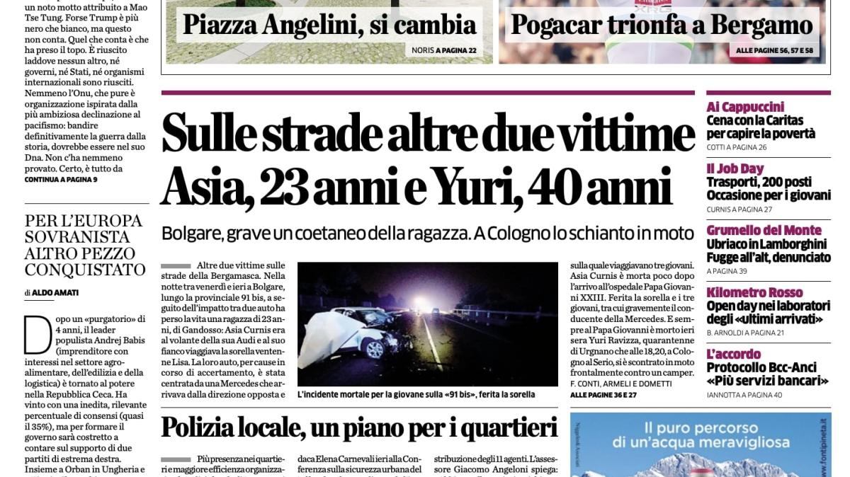 PRIMA PAGINA - L’Eco di Bergamo: "Pogacar trionfa a Bergamo"