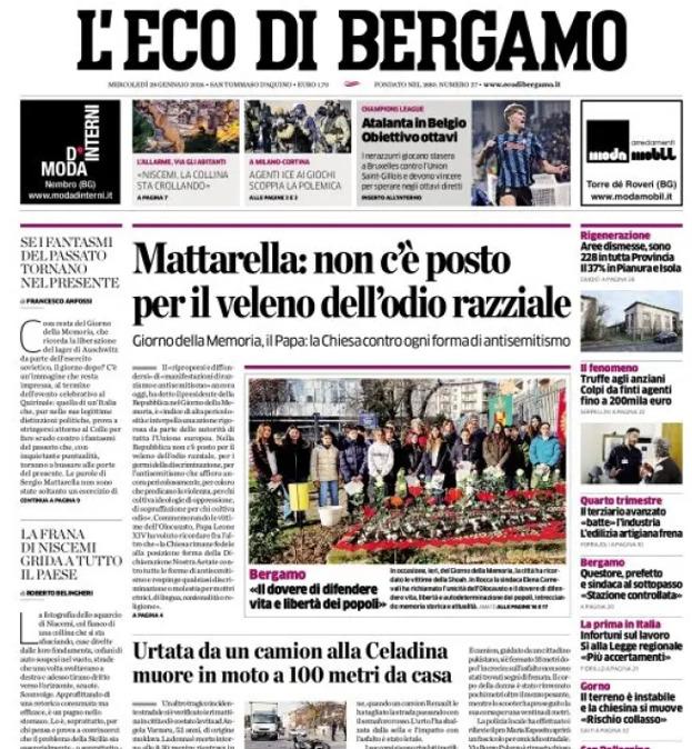 PRIMA PAGINA - L’Eco di Bergamo: Atalanta in Belgio. Obiettivo ottavi 