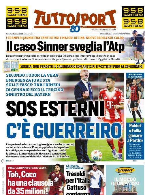 PRIMA PAGINA - TuttoSport: "SOS esterni, c'è Guerriero"
